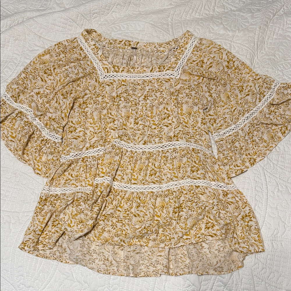 Free People Yellow Floral Lace Blouse